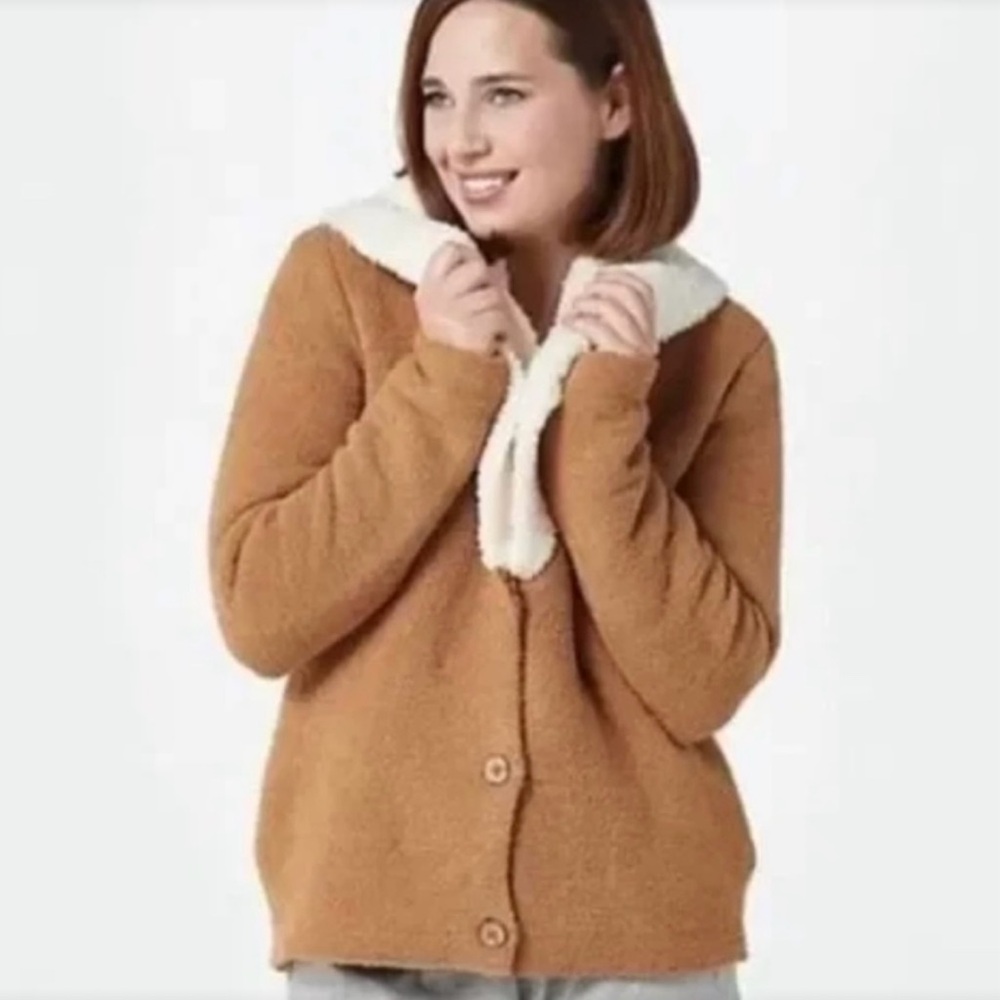 New Barefoot Dreams Women's Cozychic Faux-Shearling Cardi Jacket Honey/Cream Xs